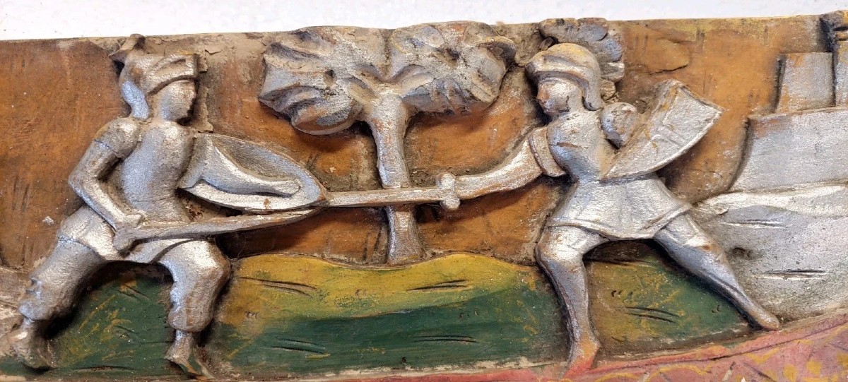 Ancient Fragment Of A 19th Century Sicilian Carved Wood Cart-photo-2