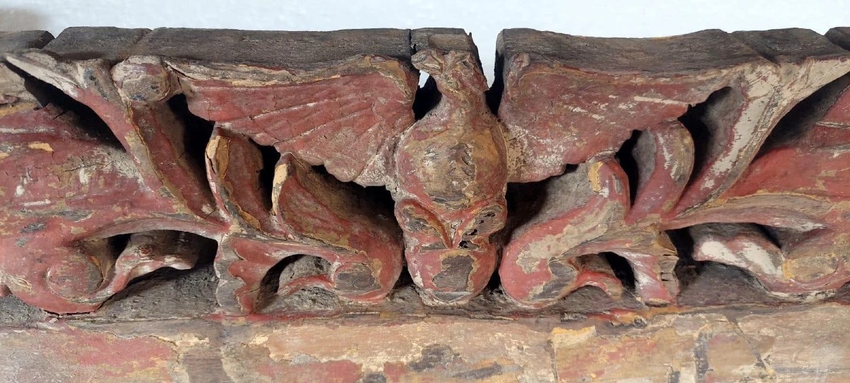 Ancient Fragment Of A 19th Century Sicilian Carved Wood Cart-photo-4