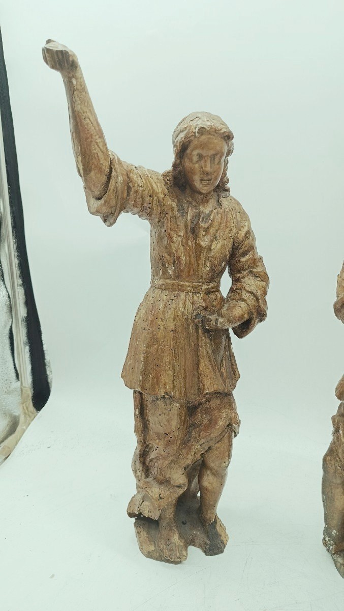 Ancient Pair Of Gilded Wood Sculptures Of Angels-photo-3