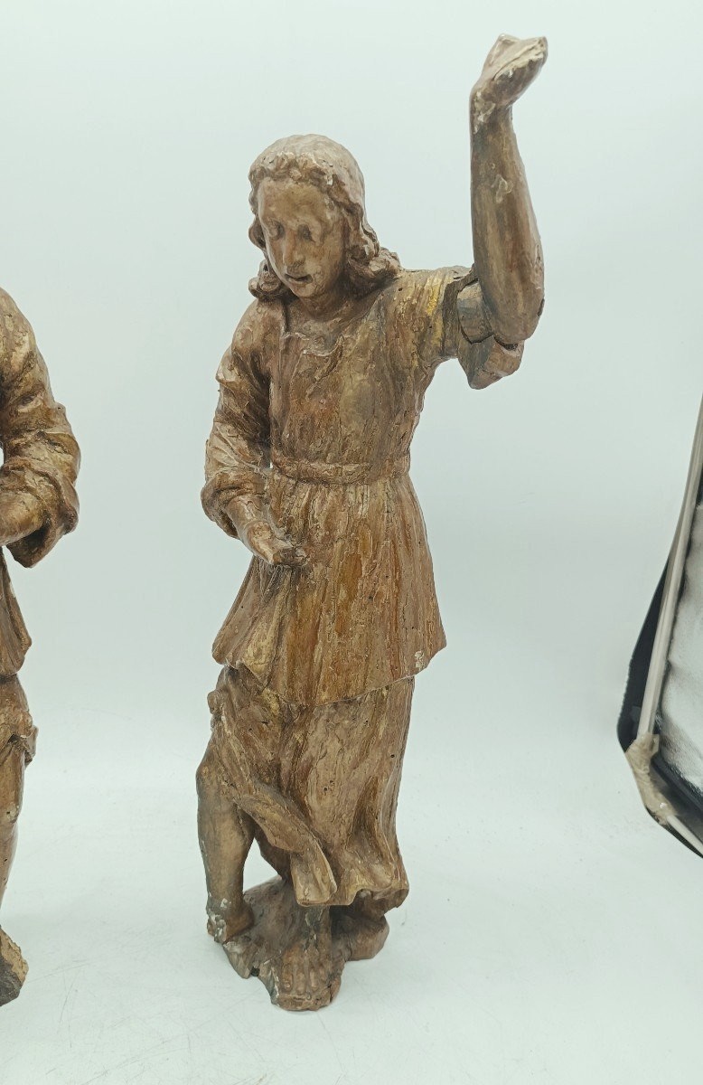 Ancient Pair Of Gilded Wood Sculptures Of Angels-photo-4