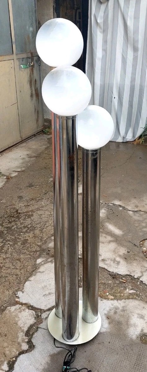 Italian Floor Lamp, 1970s Metal And Opaline Glass Design-photo-3