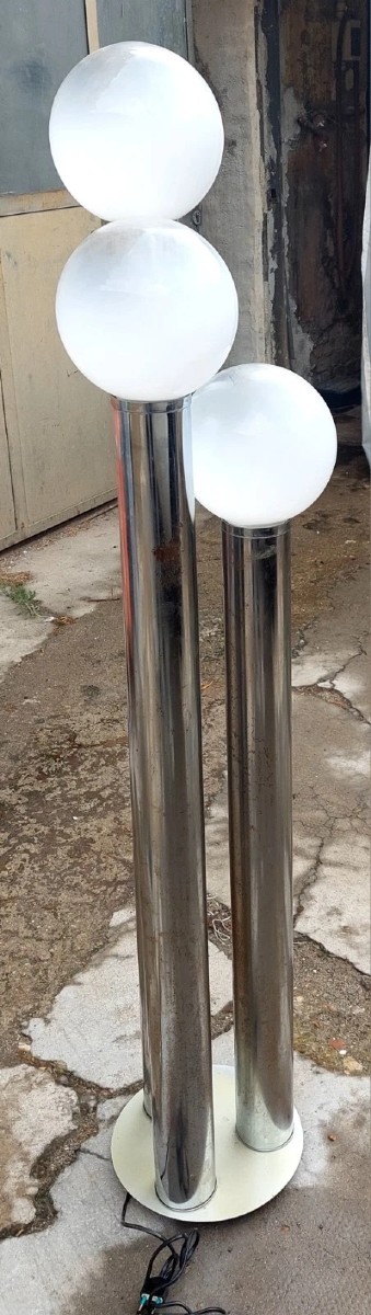 Italian Floor Lamp, 1970s Metal And Opaline Glass Design-photo-4