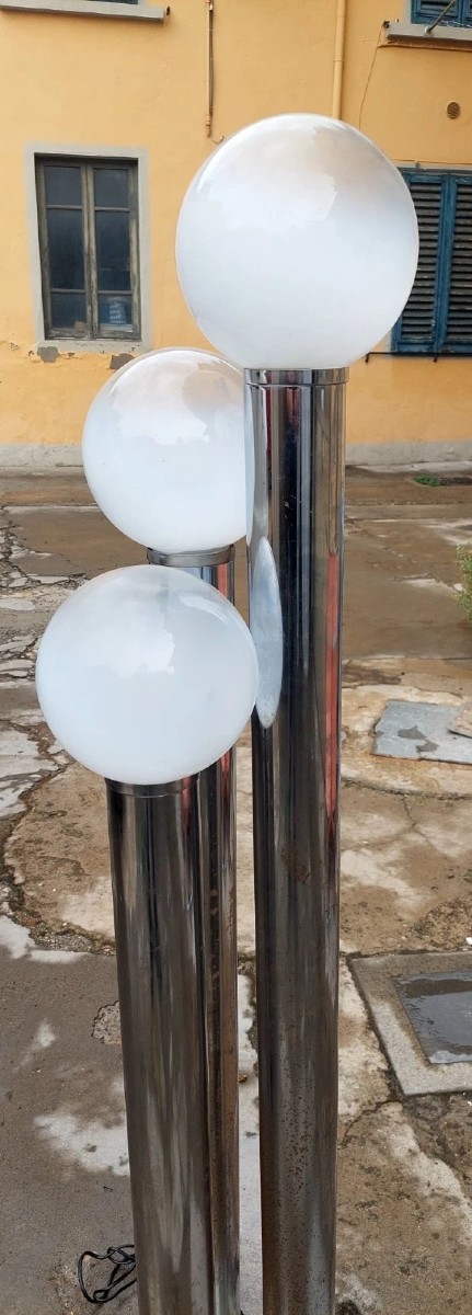 Italian Floor Lamp, 1970s Metal And Opaline Glass Design-photo-2