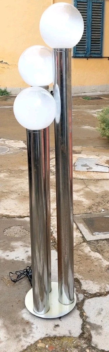 Italian Floor Lamp, 1970s Metal And Opaline Glass Design-photo-6