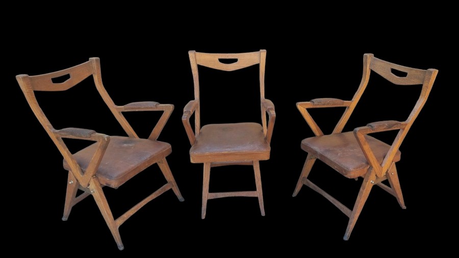 Ensemble de fauteuils en chêne et cuir, design années 50, original-photo-1