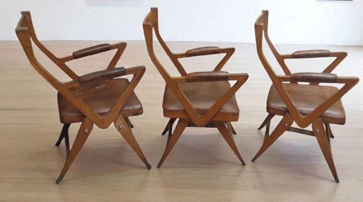 Ensemble de fauteuils en chêne et cuir, design années 50, original