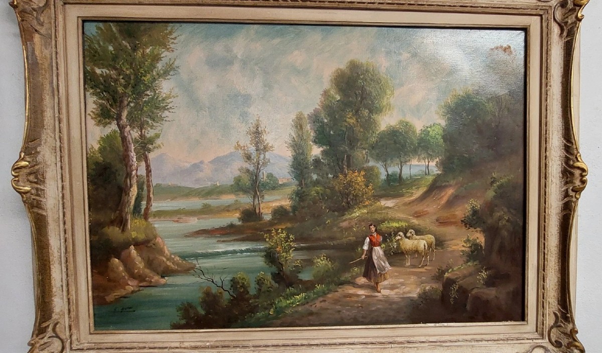 Giuseppe Guidi (1881-1931) Large Oil On Canvas Painting Landscape With Figures-photo-2