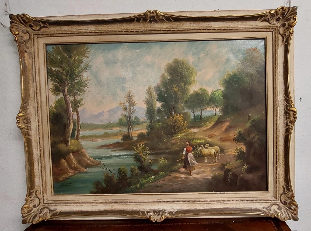 Giuseppe Guidi (1881-1931) Large Oil On Canvas Painting Landscape With Figures-photo-3