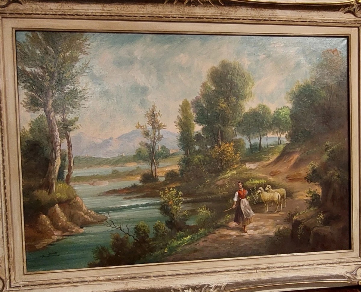Giuseppe Guidi (1881-1931) Large Oil On Canvas Painting Landscape With Figures-photo-4