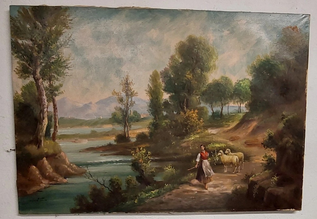 Giuseppe Guidi (1881-1931) Large Oil On Canvas Painting Landscape With Figures-photo-1