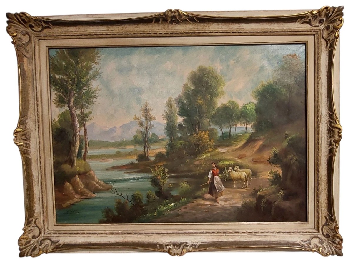 Giuseppe Guidi (1881-1931) Large Oil On Canvas Painting Landscape With Figures