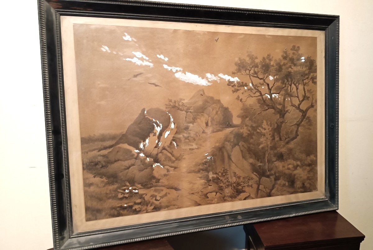Large Landscape Painting, Mixed Media, 19th Century-photo-2