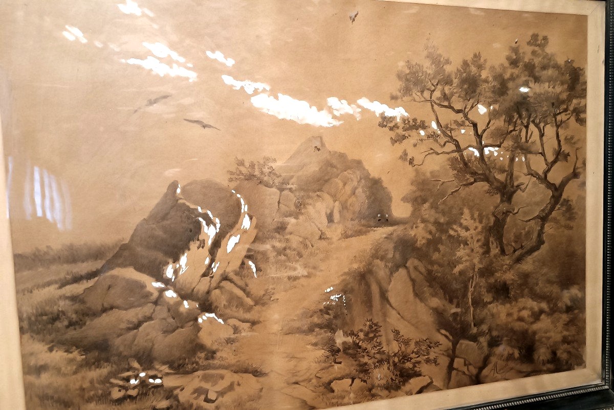 Large Landscape Painting, Mixed Media, 19th Century-photo-3