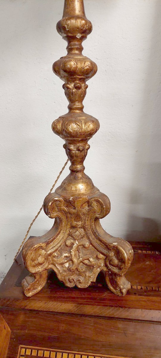 Antique 18th Century Gilded Wood Electrified Candlestick Lamp-photo-4