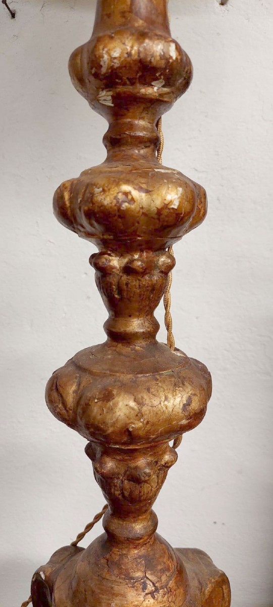 Antique 18th Century Gilded Wood Electrified Candlestick Lamp-photo-4