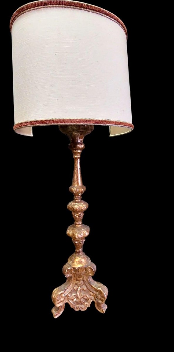 Antique 18th Century Gilded Wood Electrified Candlestick Lamp