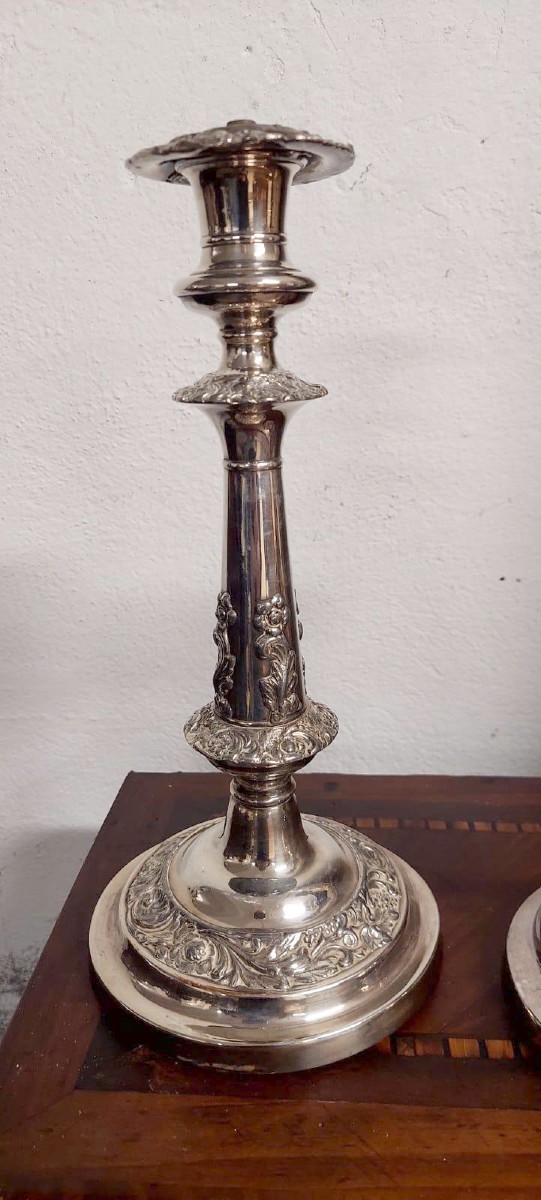 bougeoirs anciens, paire de bougeoirs en métal argenté du début des années 1900-photo-3