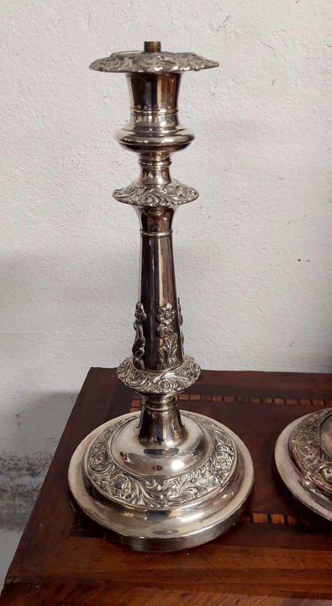bougeoirs anciens, paire de bougeoirs en métal argenté du début des années 1900-photo-4