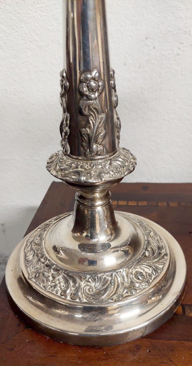 bougeoirs anciens, paire de bougeoirs en métal argenté du début des années 1900-photo-2