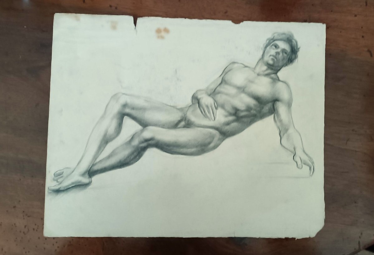 Antique Male Nude Drawing, Pencil On Paper, 19th Century Tuscan School-photo-2