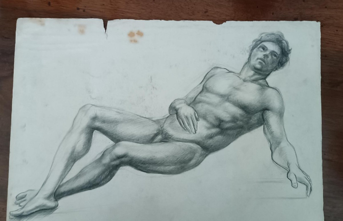 Antique Male Nude Drawing, Pencil On Paper, 19th Century Tuscan School-photo-3