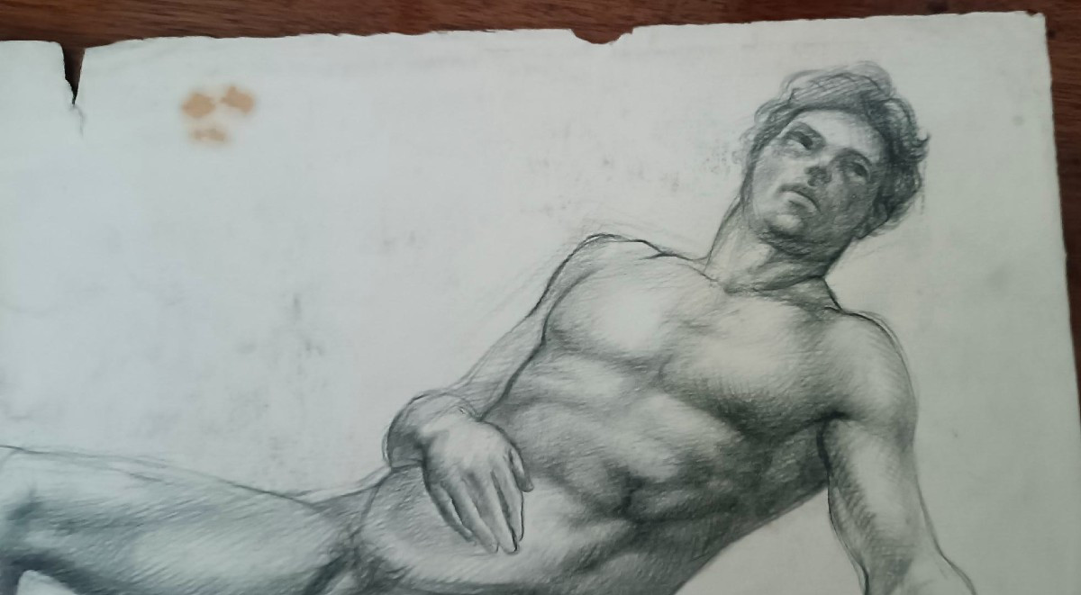 Antique Male Nude Drawing, Pencil On Paper, 19th Century Tuscan School-photo-1