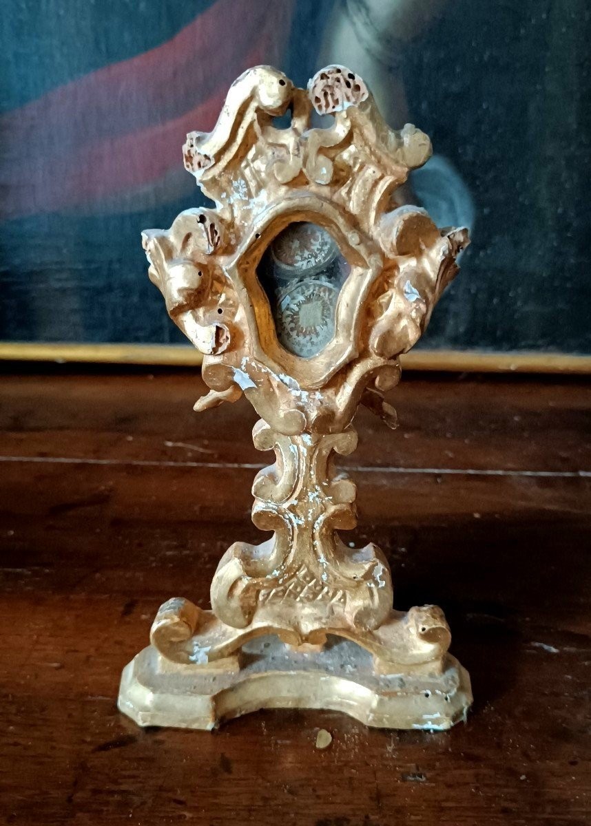 18th Century Gilded Wooden Reliquary, Relics Of San Filippo Benizi And San Gregorio-photo-4