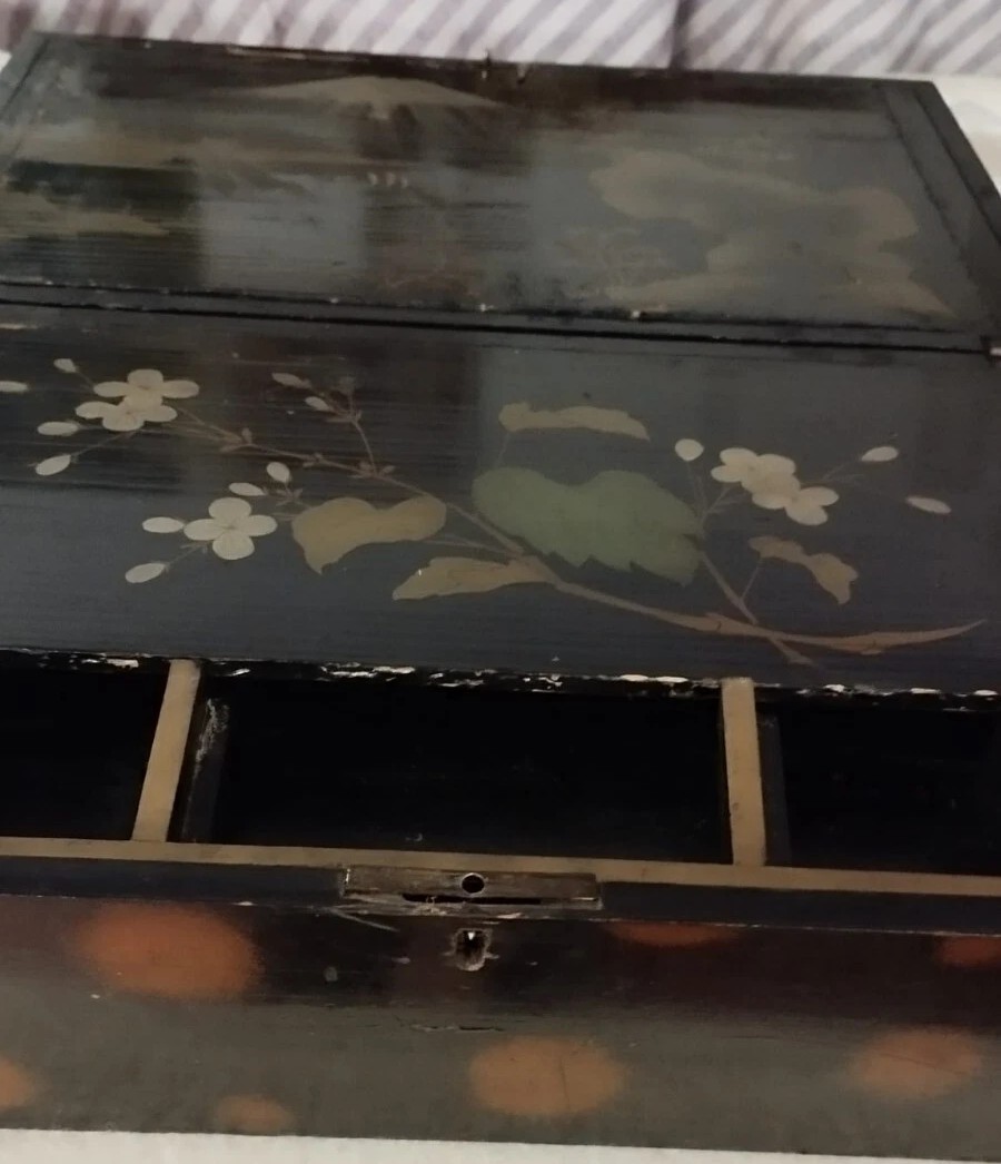 Boite Coffret Napoléon III En Bois Peint, Chinoiseries Et Incrustations De Nacre-photo-2