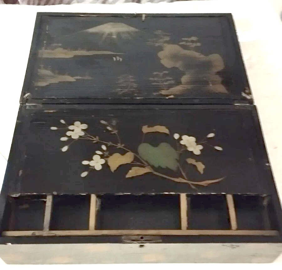 Boite Coffret Napoléon III En Bois Peint, Chinoiseries Et Incrustations De Nacre-photo-3