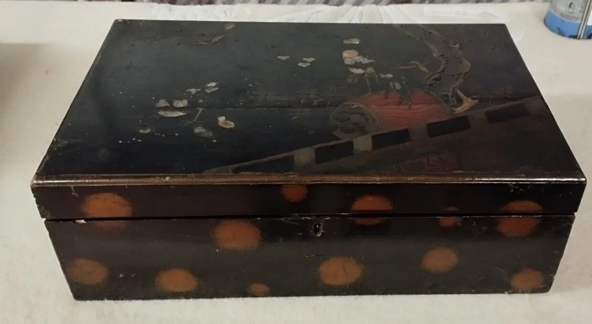 Boite Coffret Napoléon III En Bois Peint, Chinoiseries Et Incrustations De Nacre-photo-7