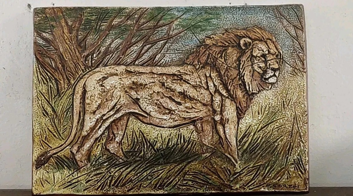 Glazed Terracotta Tile Danilo Cartei (signa 1920-2002) - Representing Lion 60 X40 Cm-photo-2