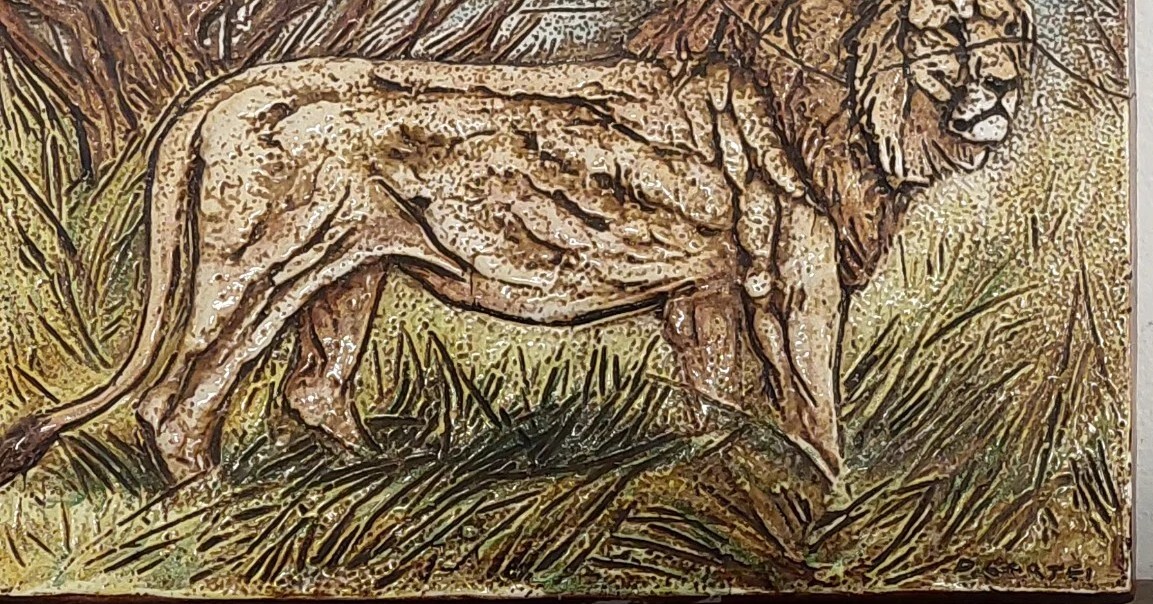 Glazed Terracotta Tile Danilo Cartei (signa 1920-2002) - Representing Lion 60 X40 Cm-photo-3