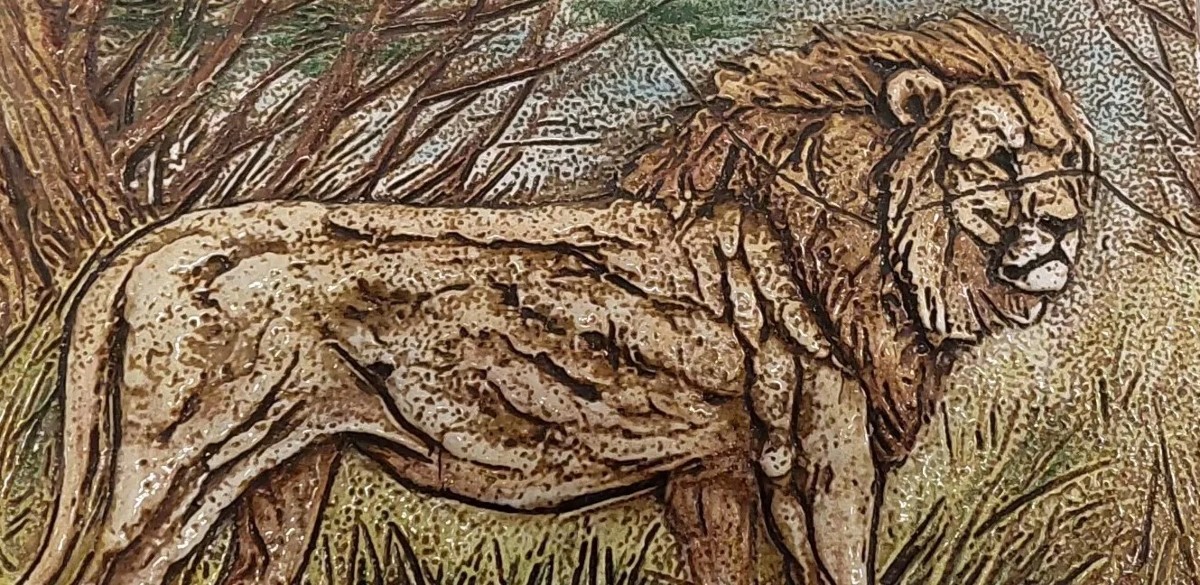 Glazed Terracotta Tile Danilo Cartei (signa 1920-2002) - Representing Lion 60 X40 Cm-photo-4