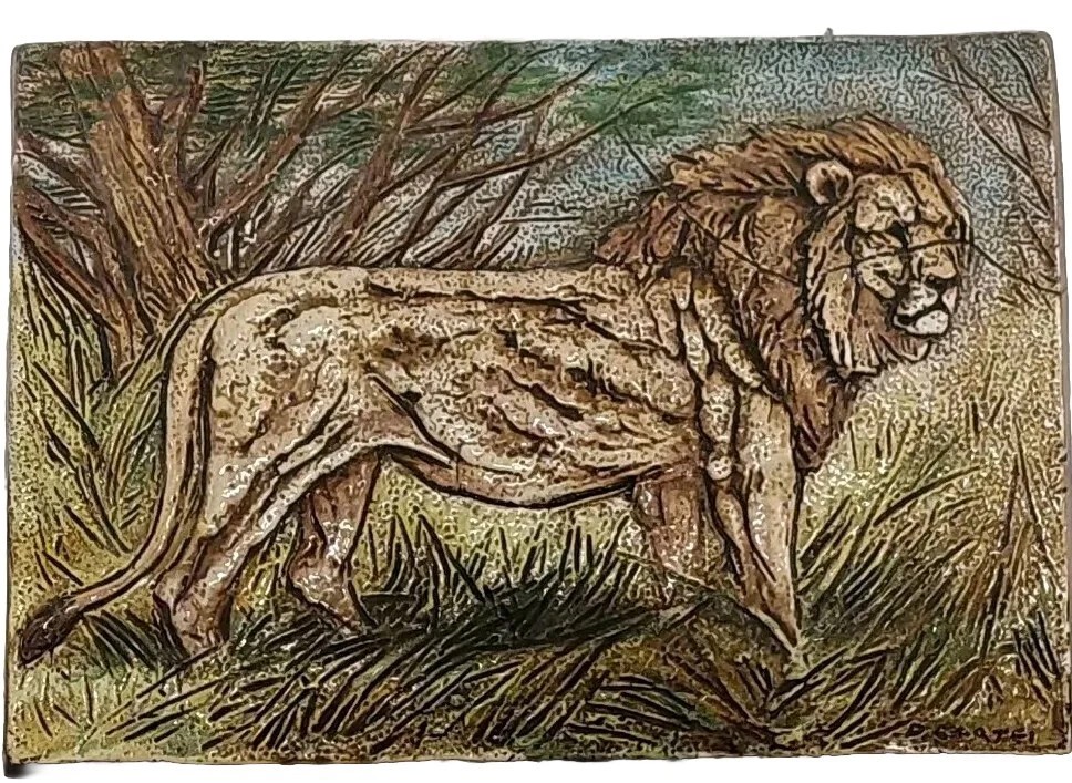 Glazed Terracotta Tile Danilo Cartei (signa 1920-2002) - Representing Lion 60 X40 Cm