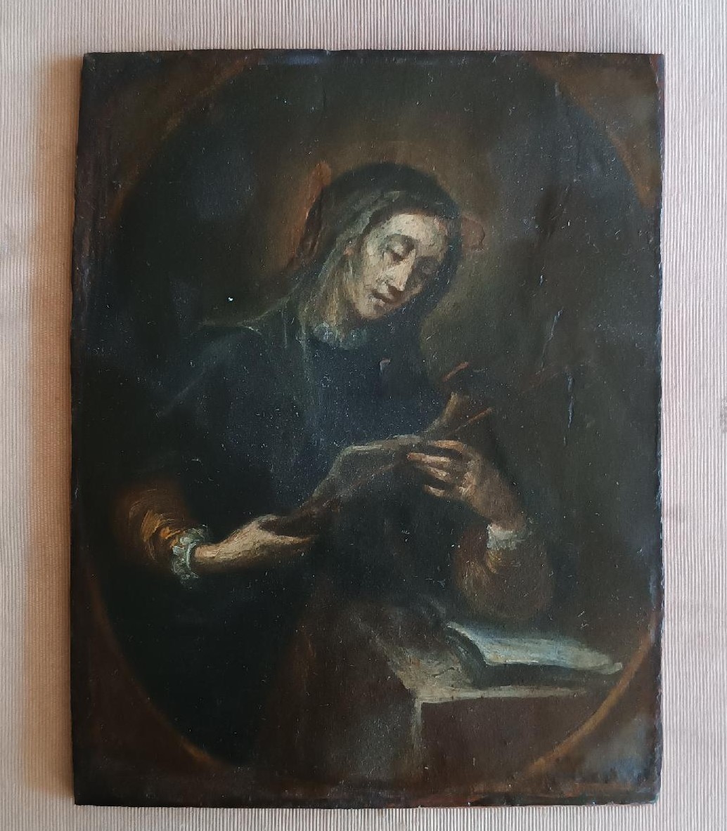 Ancien petit tableau sur bois représentant un saint portant un crucifix - école italienne du XV-photo-2