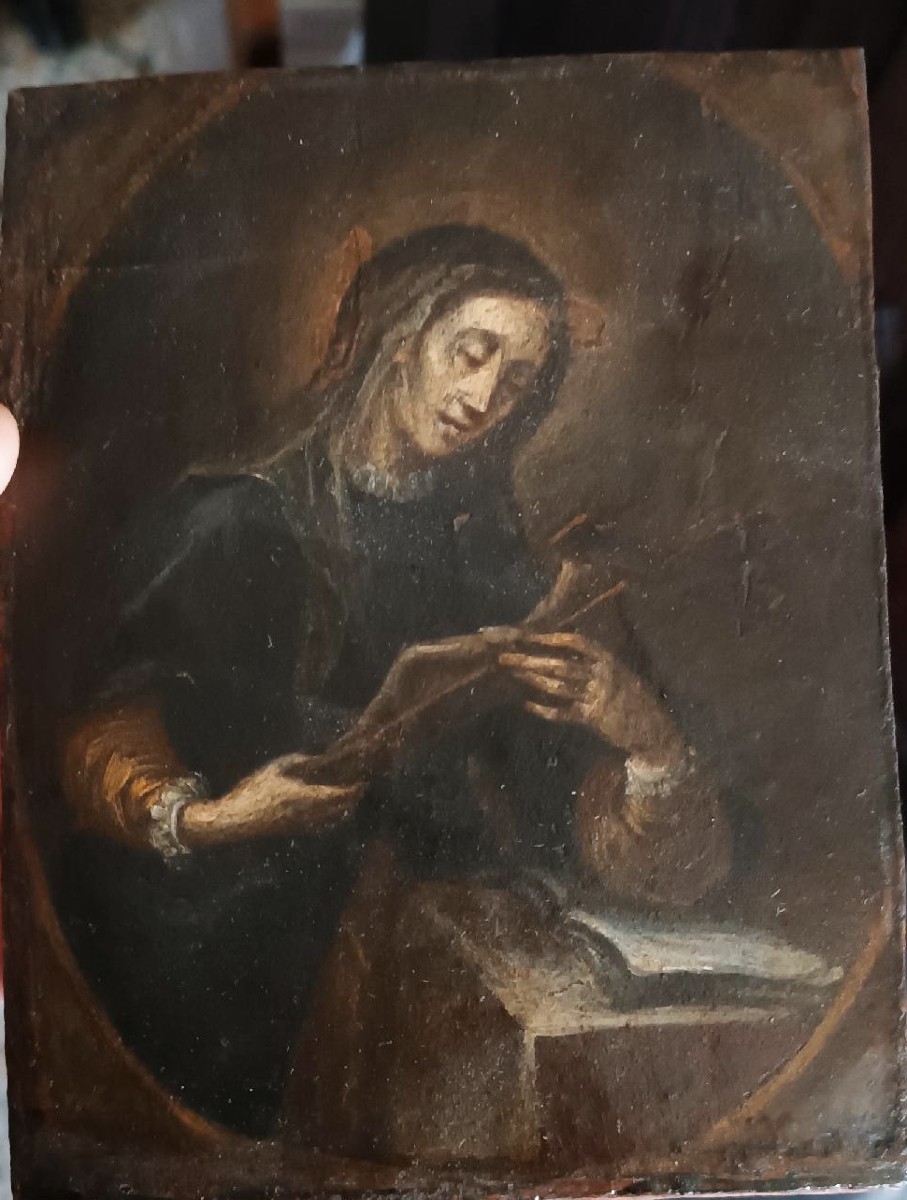 Ancien petit tableau sur bois représentant un saint portant un crucifix - école italienne du XV-photo-3