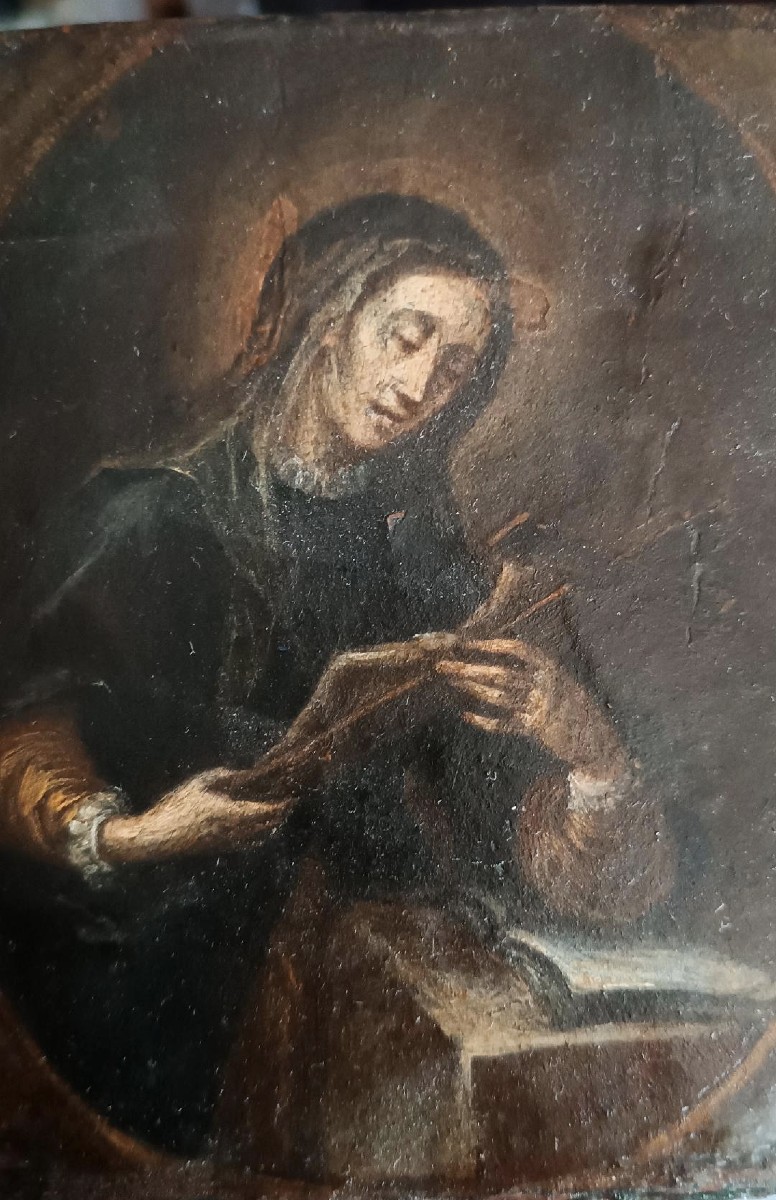Ancien petit tableau sur bois représentant un saint portant un crucifix - école italienne du XV-photo-4