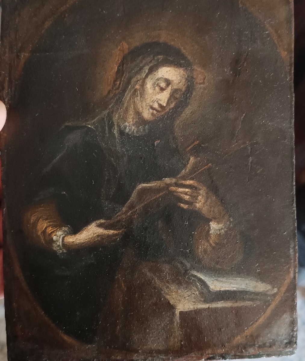 Ancien petit tableau sur bois représentant un saint portant un crucifix - école italienne du XV-photo-1