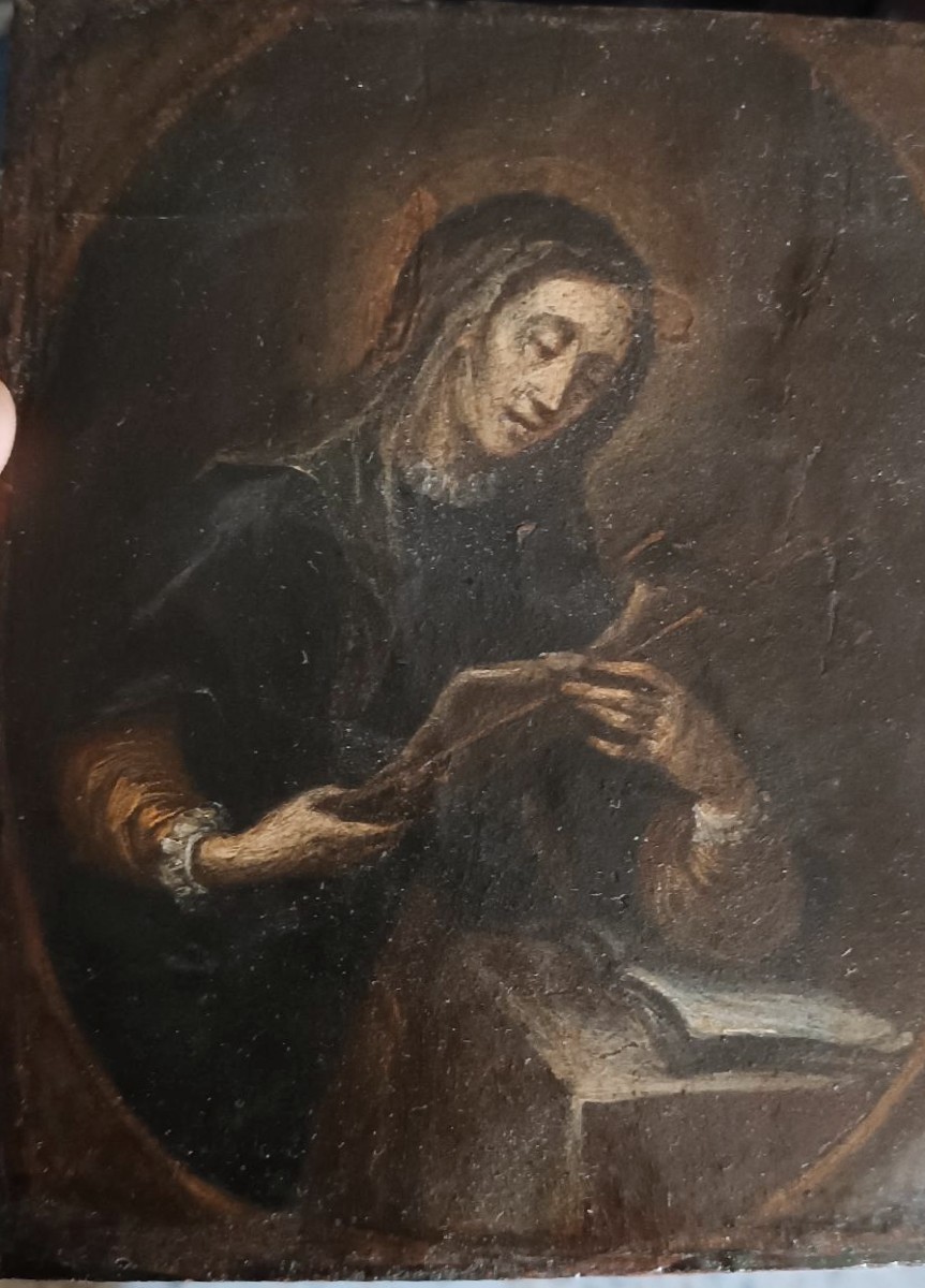 Ancien petit tableau sur bois représentant un saint portant un crucifix - école italienne du XV-photo-2