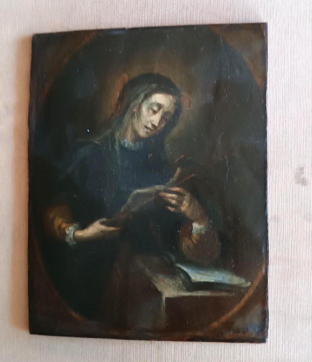 Ancien petit tableau sur bois représentant un saint portant un crucifix - école italienne du XV