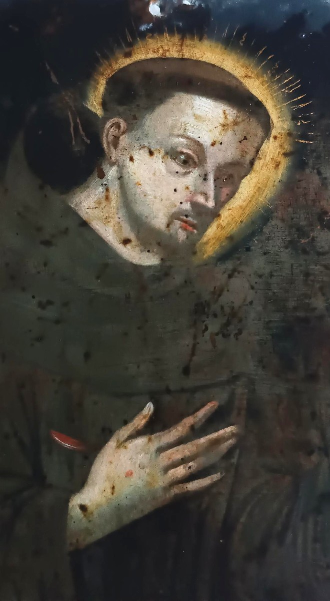 French School 17th/18th Century Saint Francis Holding The Crucifix Oil On Copper With Inscripti-photo-2