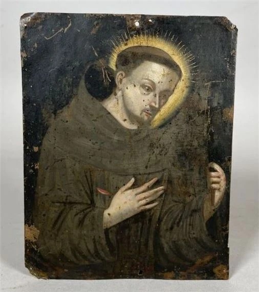 French School 17th/18th Century Saint Francis Holding The Crucifix Oil On Copper With Inscripti