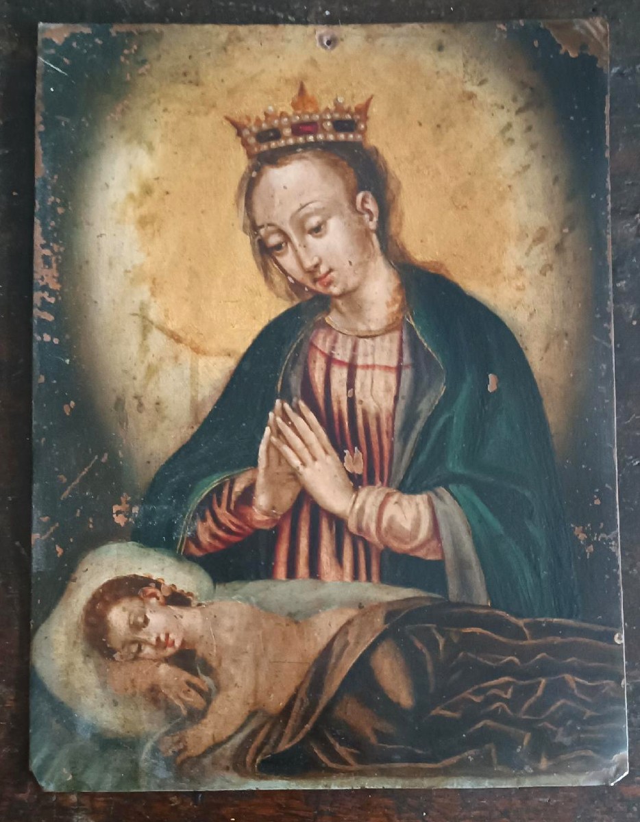 Ancient Copper Painting - 17th/18th Century - Madonna With Sleeping Child-photo-2