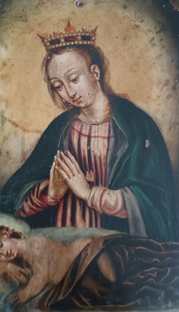 Ancient Copper Painting - 17th/18th Century - Madonna With Sleeping Child-photo-3