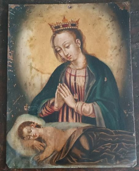 Ancient Copper Painting - 17th/18th Century - Madonna With Sleeping Child-photo-3