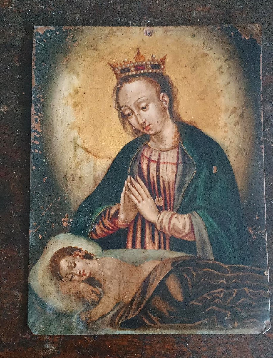 Ancient Copper Painting - 17th/18th Century - Madonna With Sleeping Child