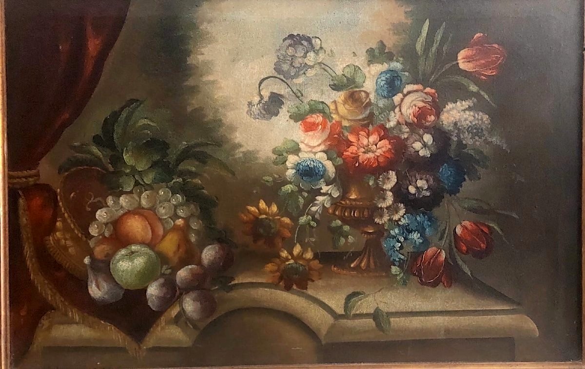 Peinture à l'huile sur toile nature morte au fleurs debut de   19ème siècle Italie 99x69 cm-photo-2