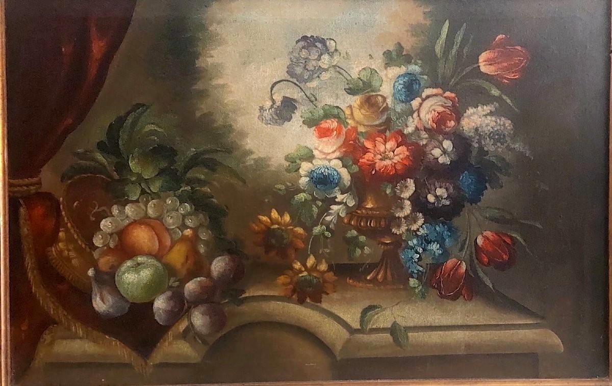 Peinture à l'huile sur toile nature morte au fleurs debut de   19ème siècle Italie 99x69 cm-photo-2