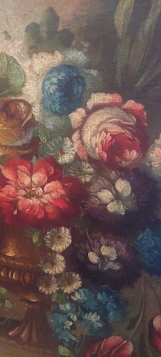 Peinture à l'huile sur toile nature morte au fleurs debut de   19ème siècle Italie 99x69 cm-photo-5