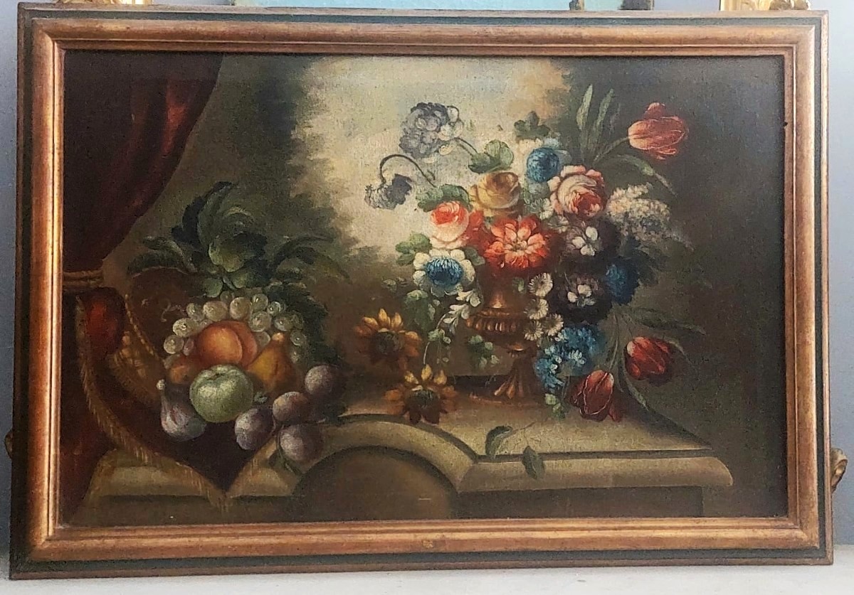 Peinture à l'huile sur toile nature morte au fleurs debut de   19ème siècle Italie 99x69 cm